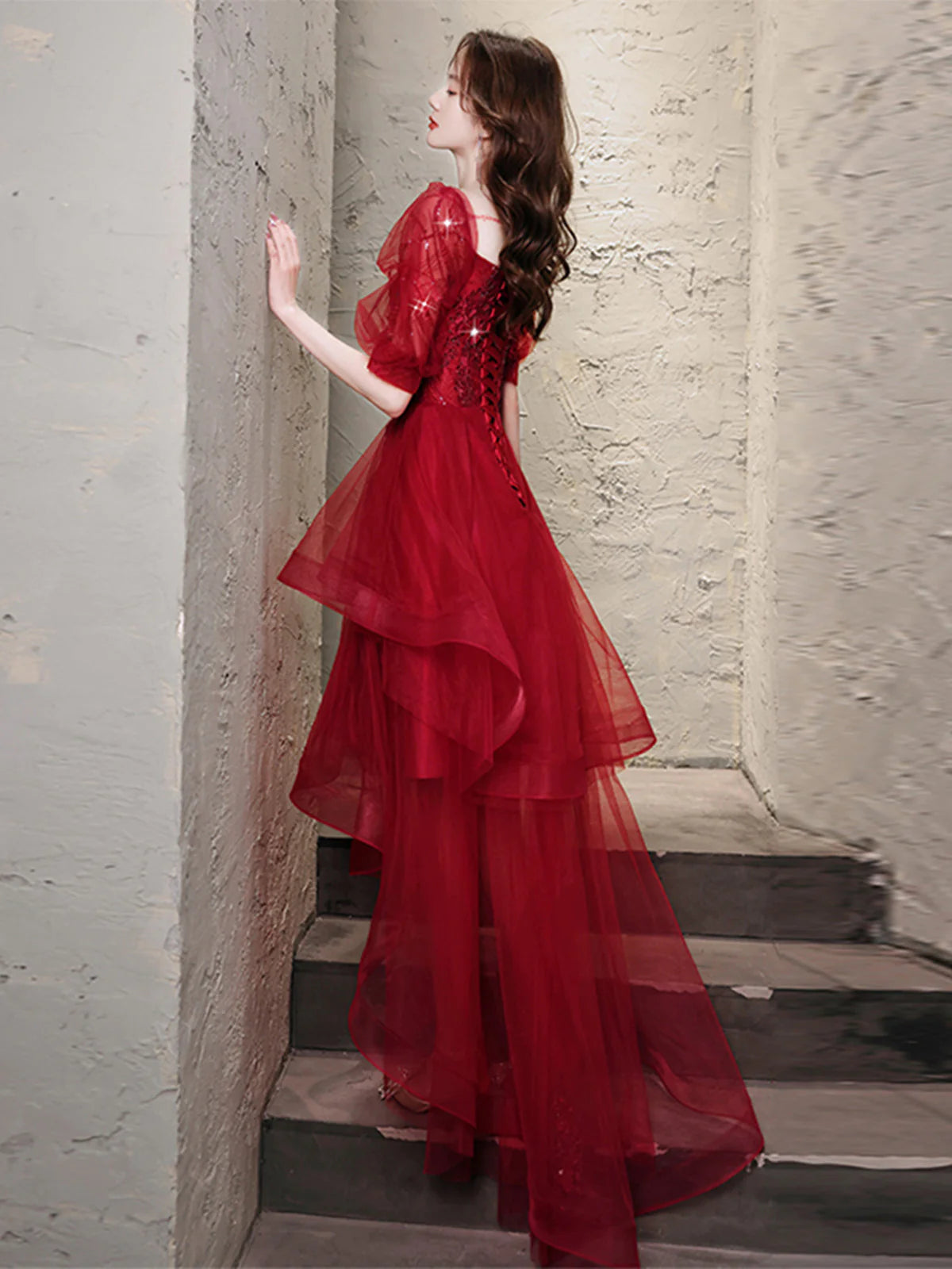 Chic Wine Red High Low Short Sleeves Party Dress, Wine Red High Low Homecoming Dress S2558