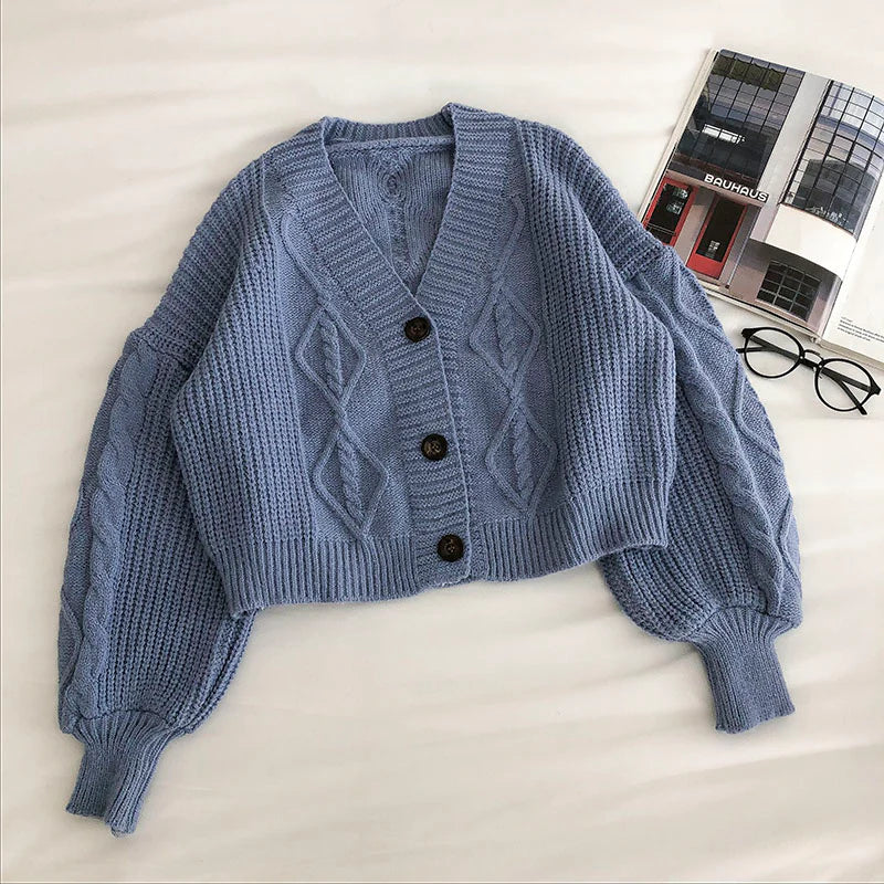 Loose coat women's long sleeve retro three button sweater S2788