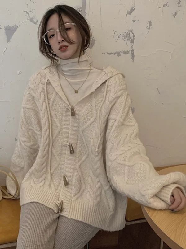 Original Loose Solid Color Buttoned Hooded Long Sleeves Cardigan Coat S2747