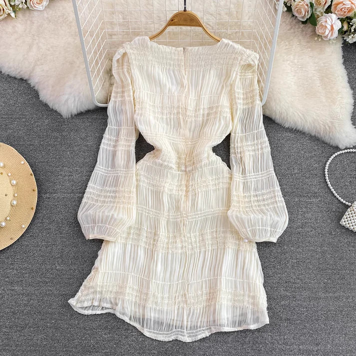 Vintage Long Sleeves V Neck Ruffled Short A Line Chiffon Dress S4937