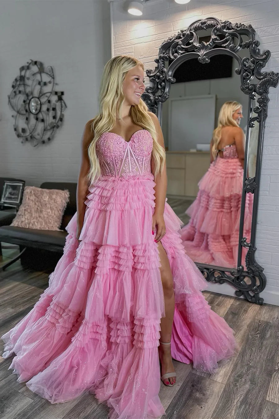 Sweetheart Pink Lace Appliques Tiered Long Formal Dress S4398