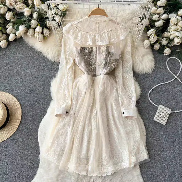 Spring and Autumn Retro Lace Dress Mid Length Fairy Lace Dress S4941
