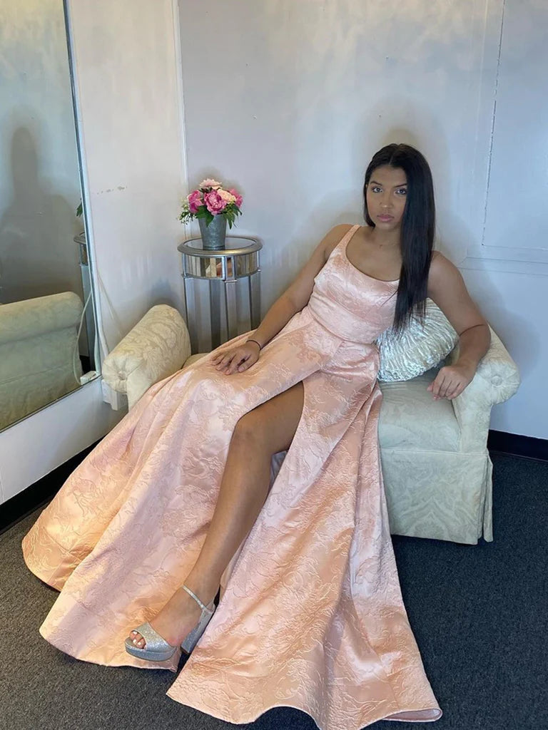 Pink Long Lace Prom Dress with Leg Slit, Pink Long Lace Formal Evening Dresses S3505