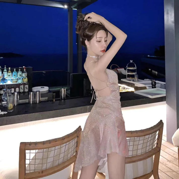 Sheath Chic Backless Spaghetti Strap Skirt Shiny Short Dress S4944