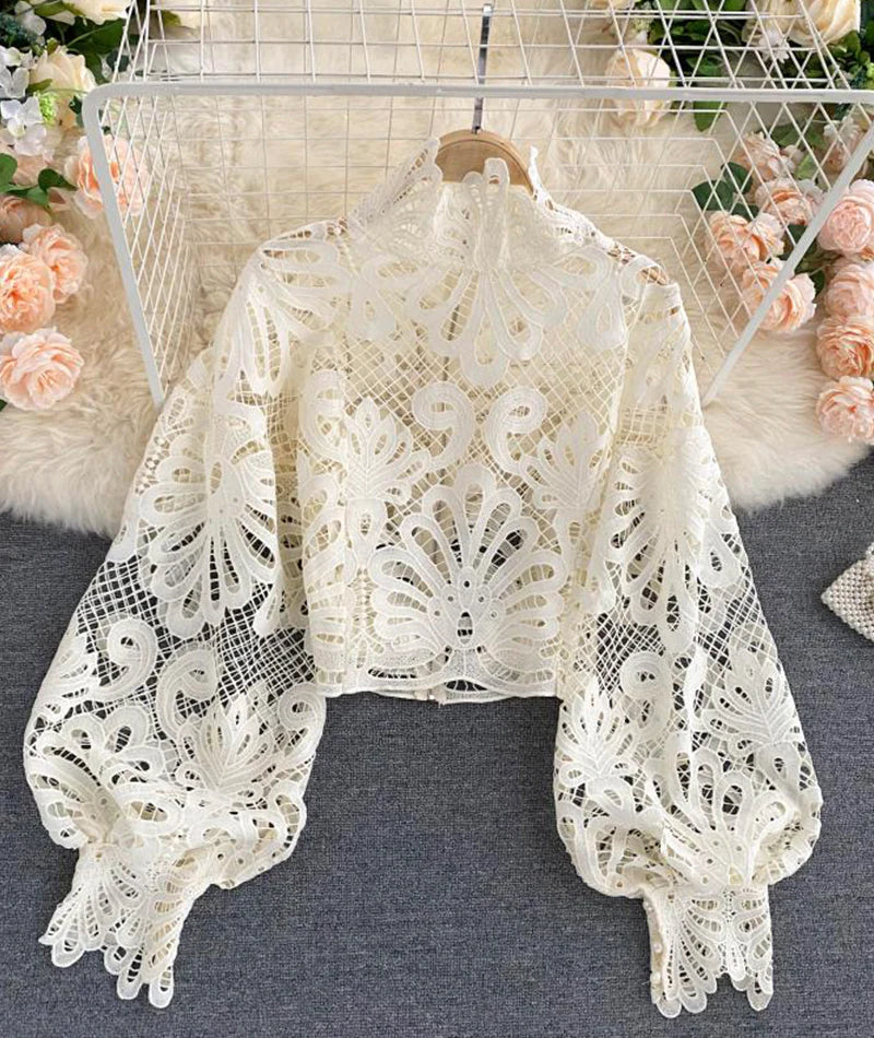 Stylish hollow lace top puff sleeve top S2537