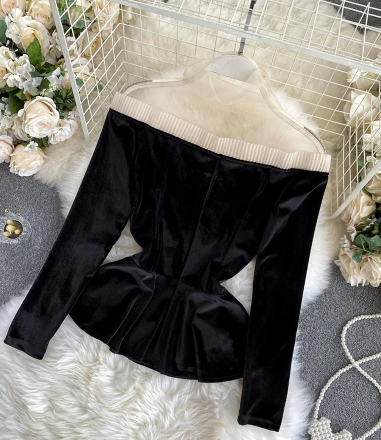 Stylish velvet tops long sleeve see through tops S2534