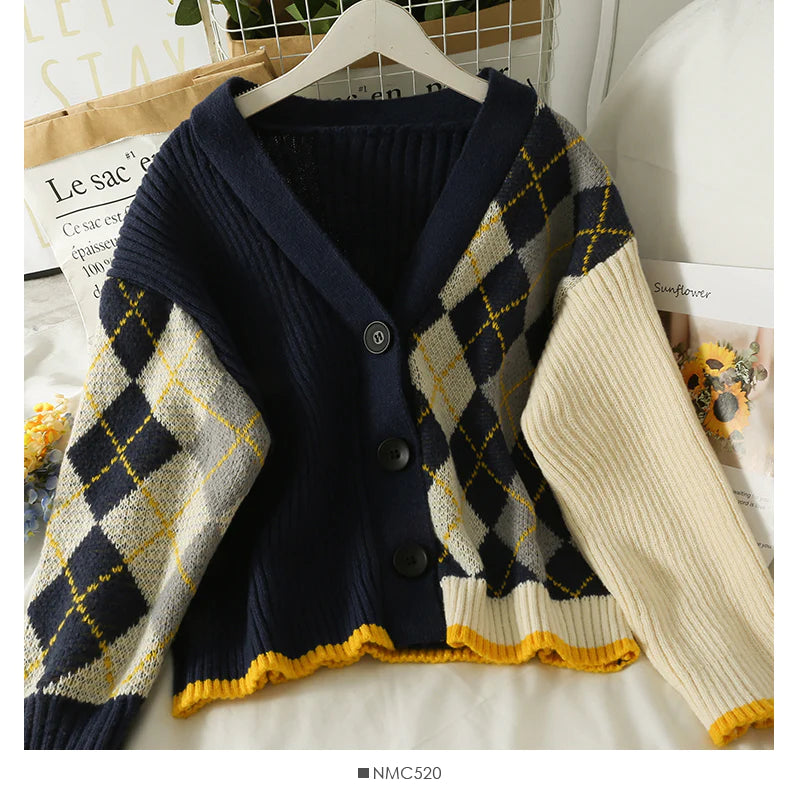 Contrast stitched diamond check single breasted low neck T-shirt S2551