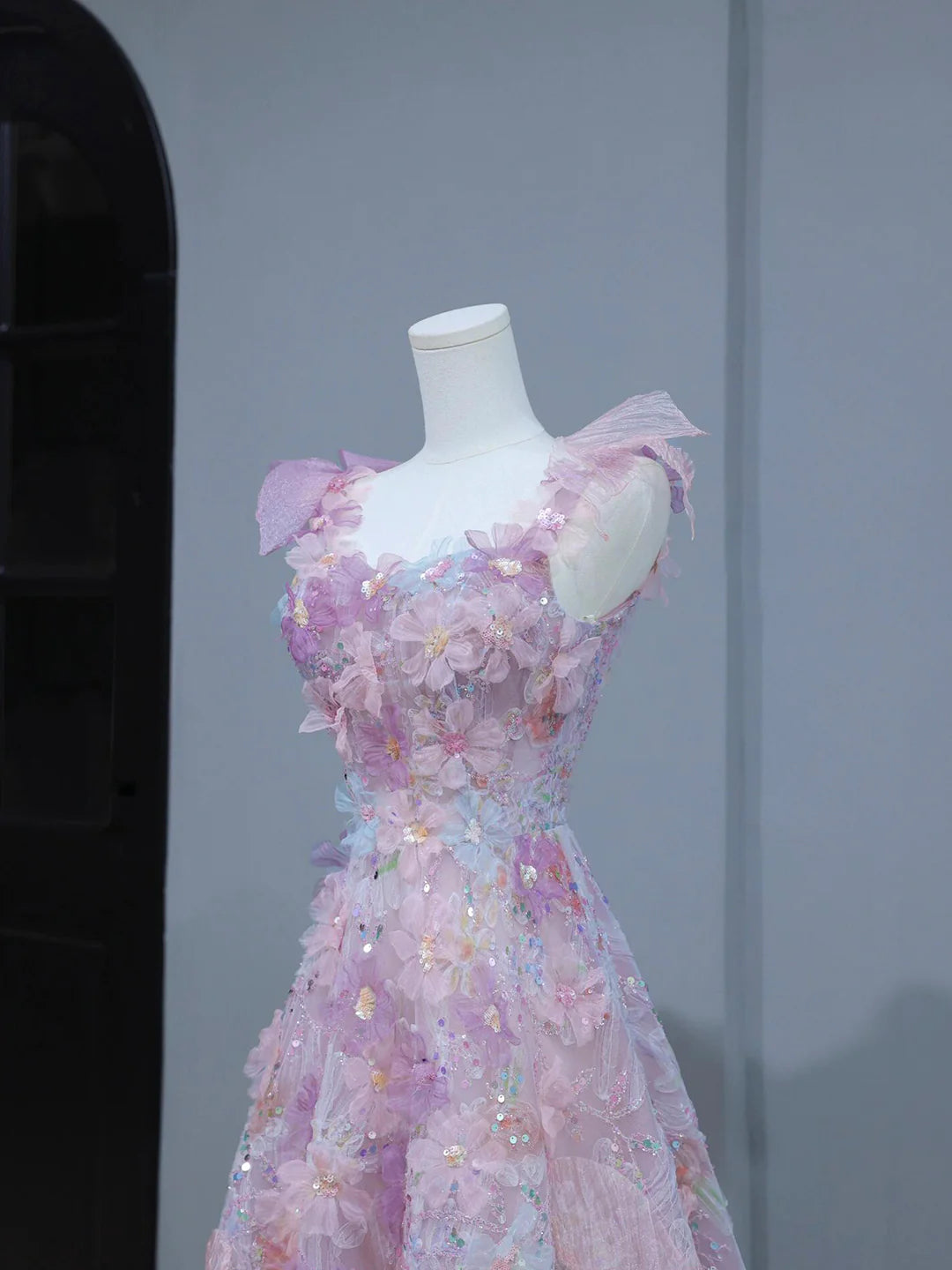 A-Line Purple Pink Tulle Flowers Long Prom Dress, Beautiful Evening Party Dress S7190