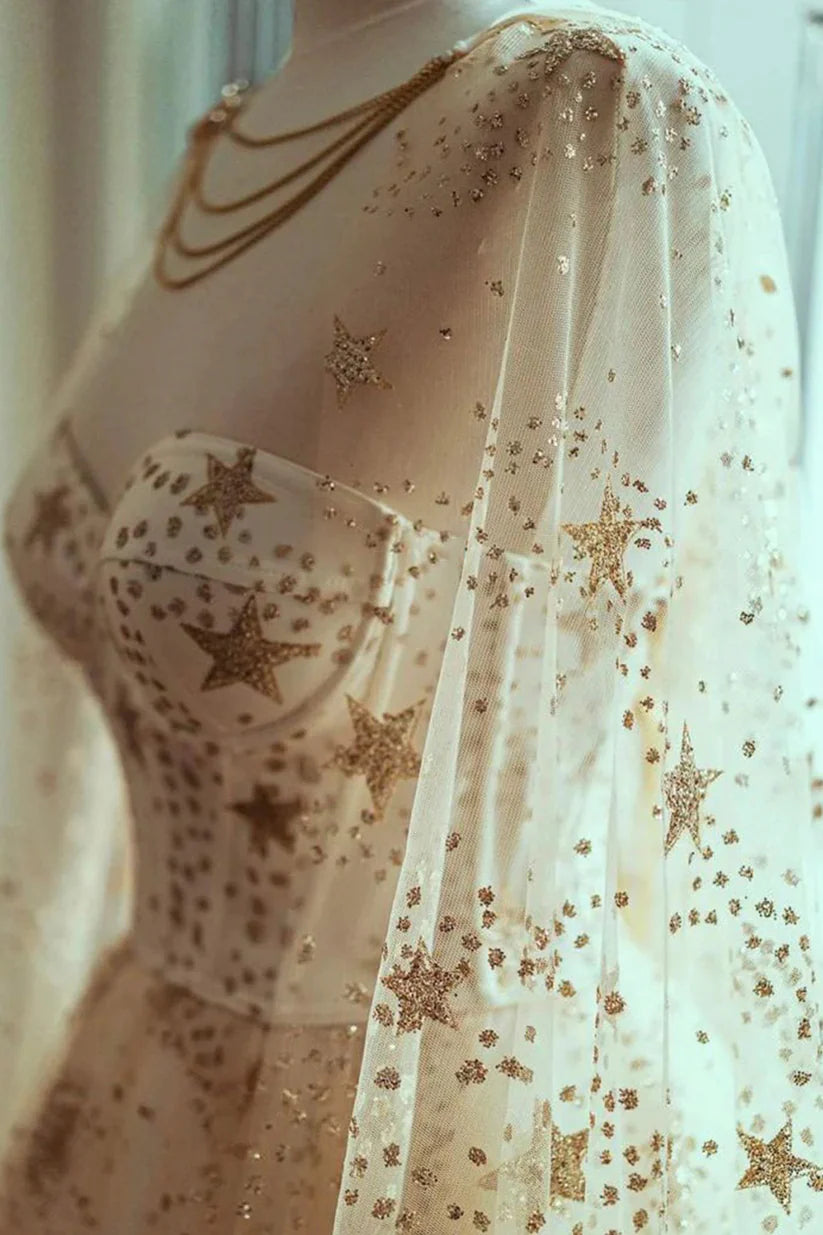 Sparkly Star Sequins Prom Dresses, Champagne Tulle A-Line Formal Dresses S7314