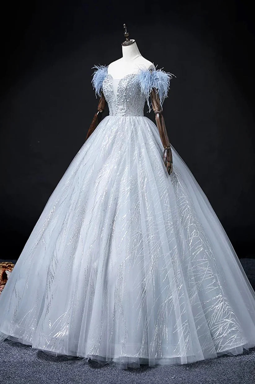 Blue Tulle Beads Long Prom Dress, Elegant A-Line Evening Party Dress S7313