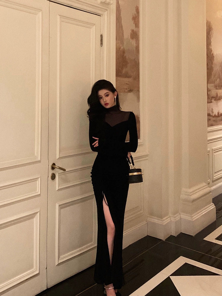 Black mesh splicing dress evening dress S5503