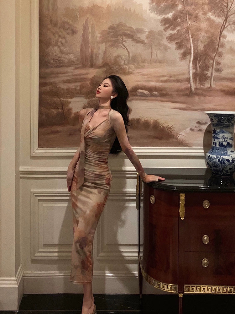 ribbon long-sleeved dress new design party dress S5527