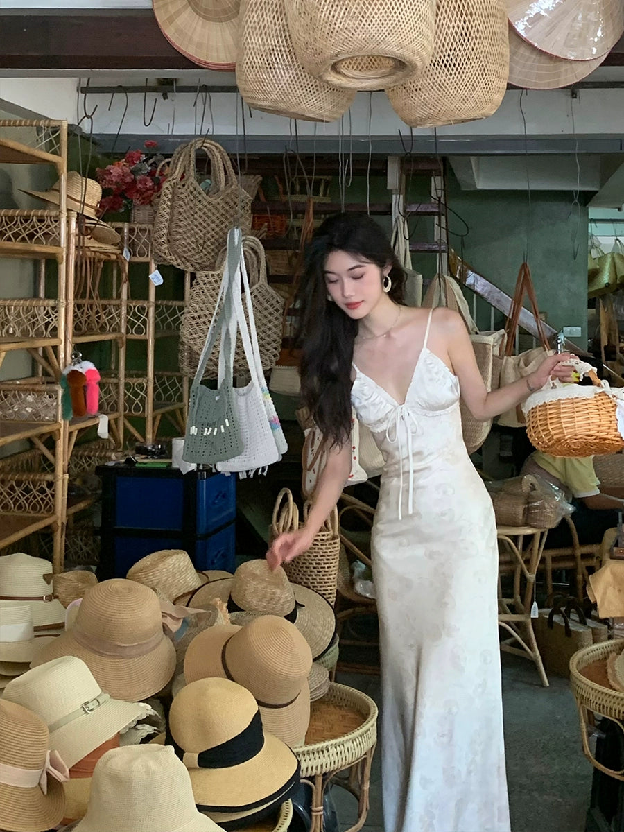 Satin backless holiday suspender dress women's summer long dress party dress S5515