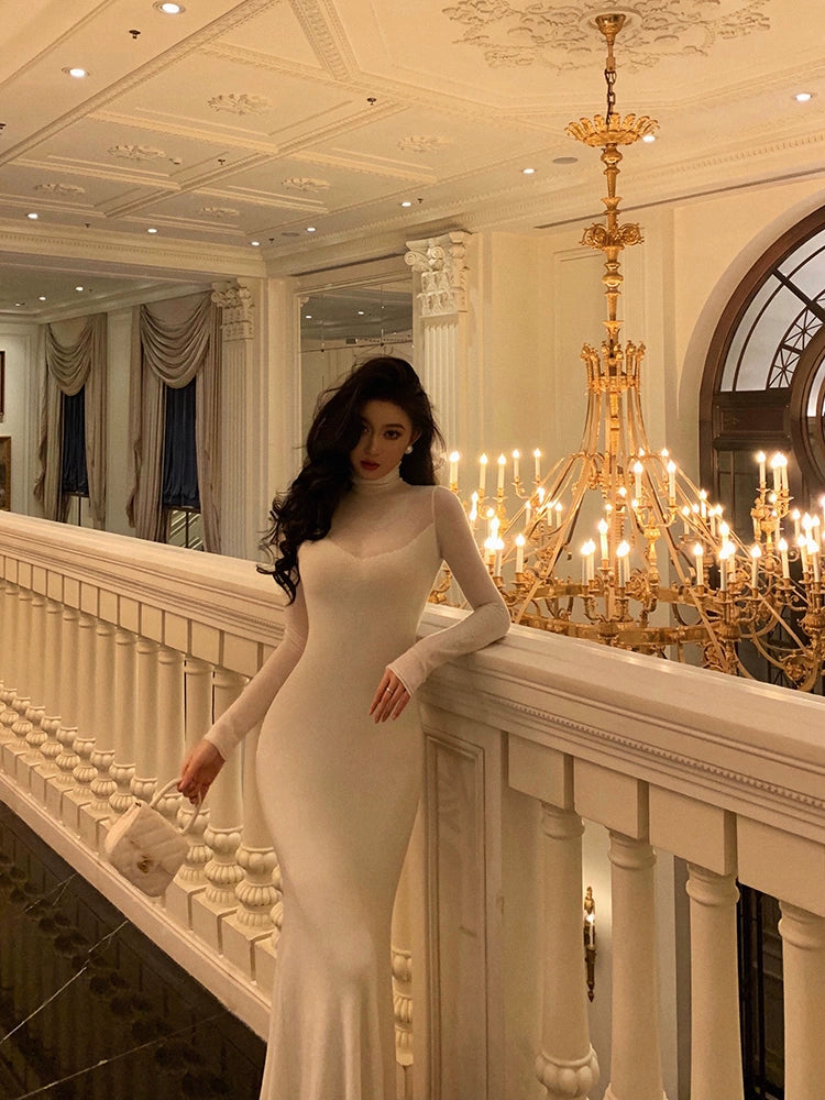 Gentle high-neck knitted dress for women new French mermaid long dress S5541