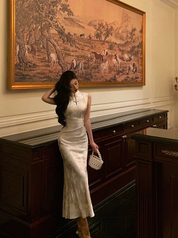 Chinese style satin cheongsam dress women evening party dress S5507