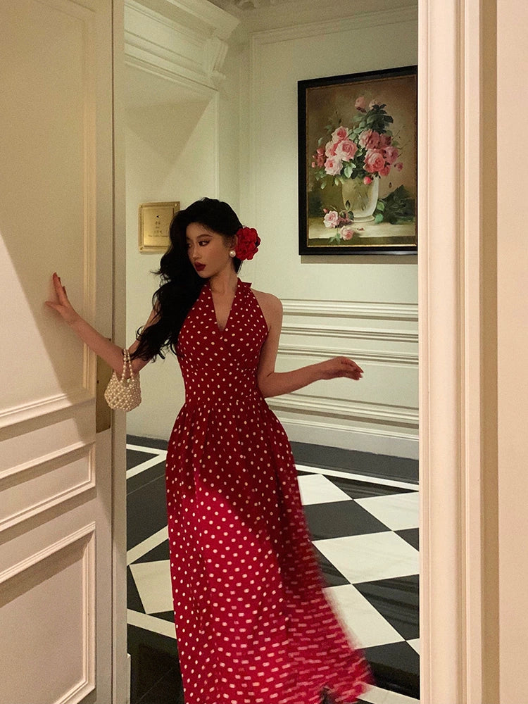 Hong Kong style halter neck polka dot dress new retro long dress party dress S5540
