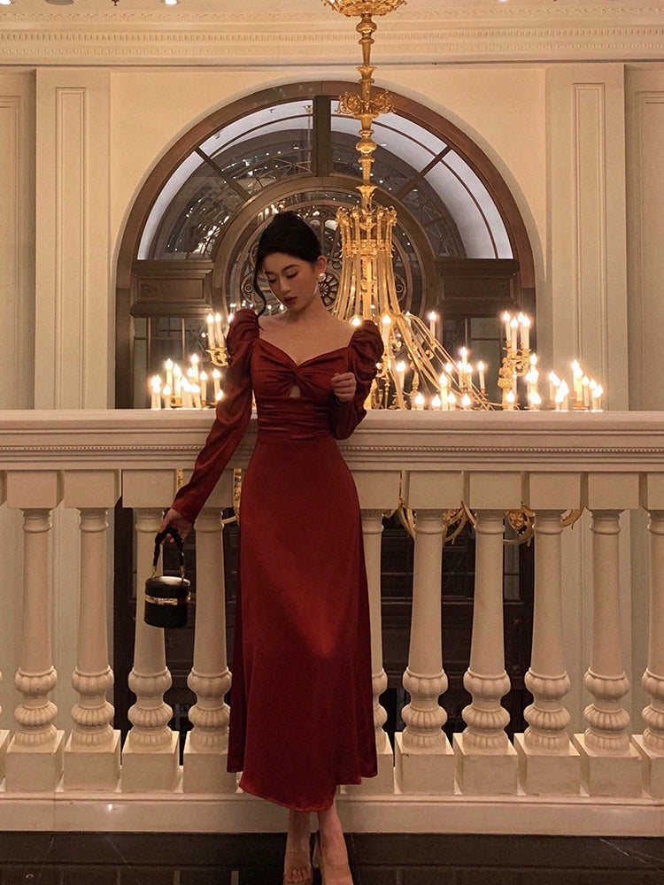 Red long-sleeved satin dress sexy party dress S5513
