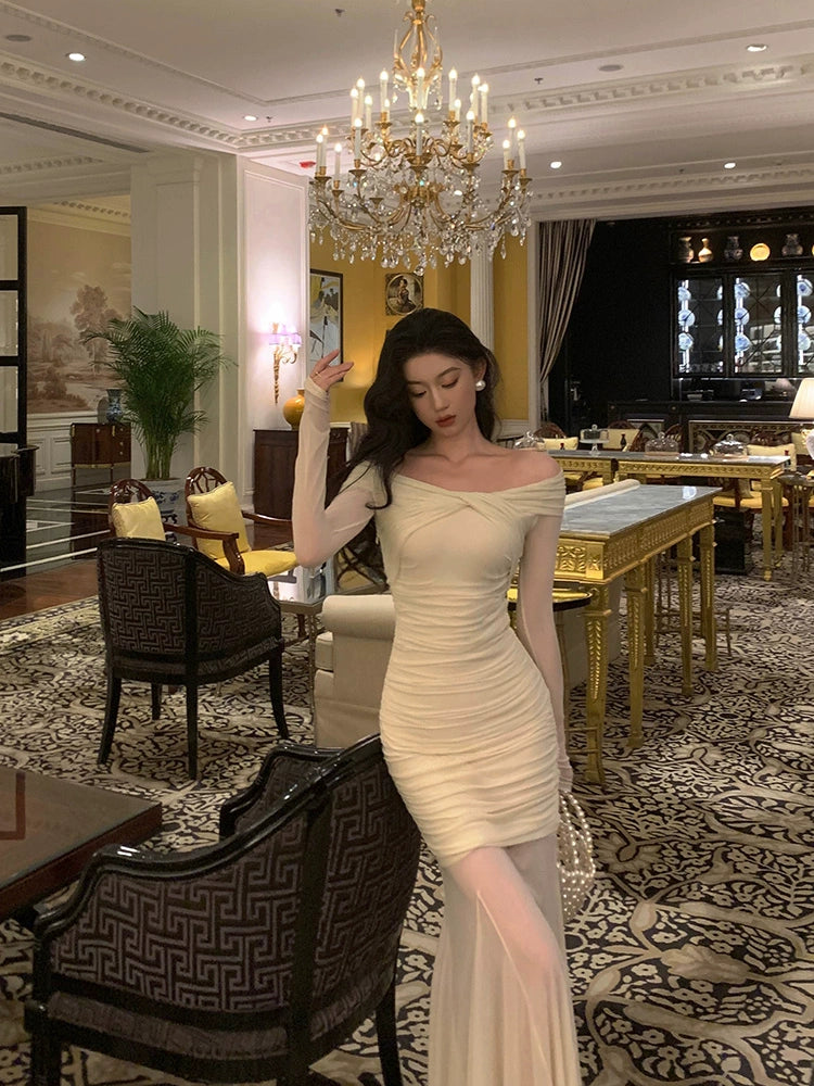 Gentle style long-sleeved dress for women new style off-shoulder long dress S5543