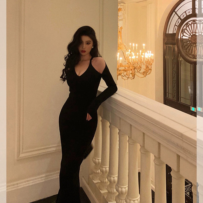 Black off-the-shoulder knitted dress for women party dress S5518