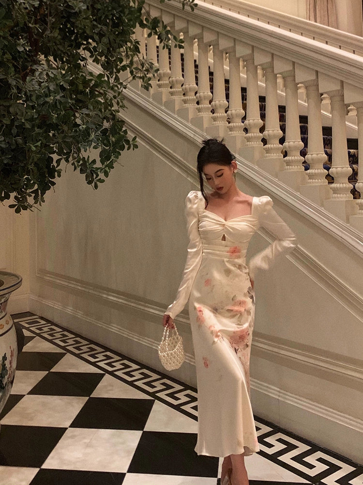 Square neck satin dress new design long sleeve party dress S5576