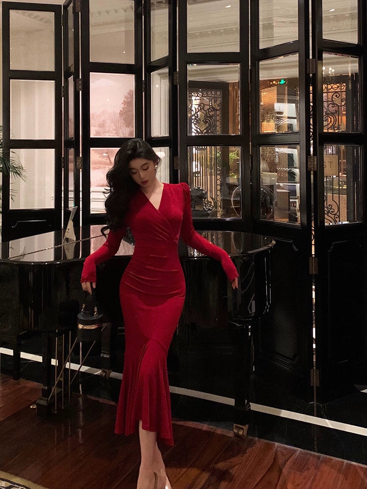 Red V-neck mermaid dress for women new style long party dress S5583