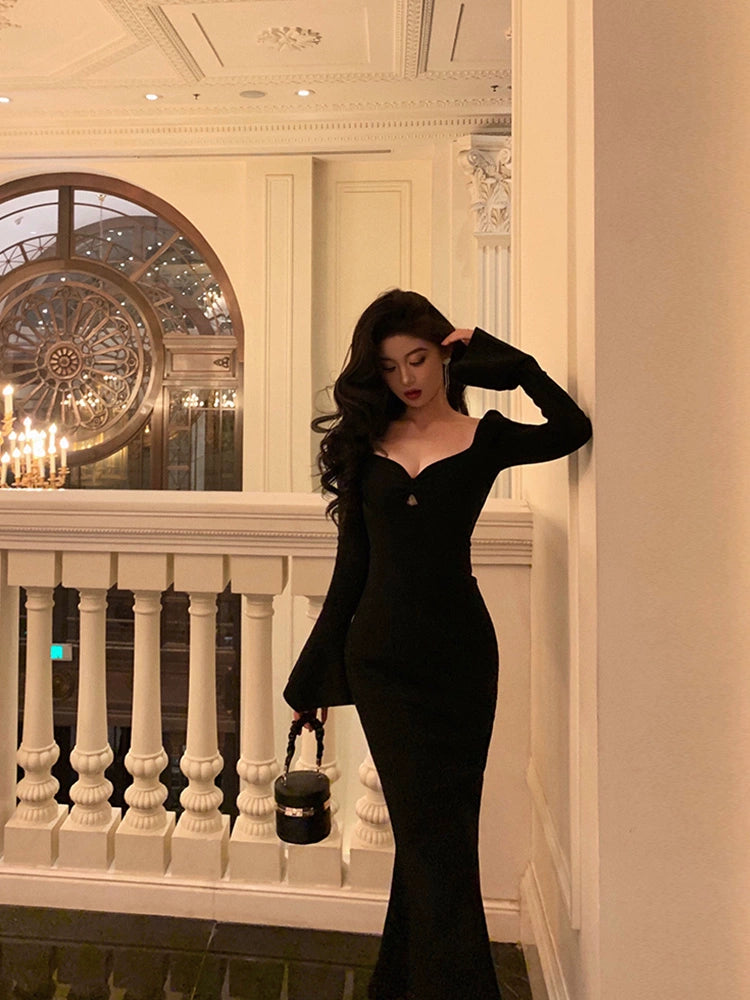 Black mermaid knitted dress women evening party dress S5510