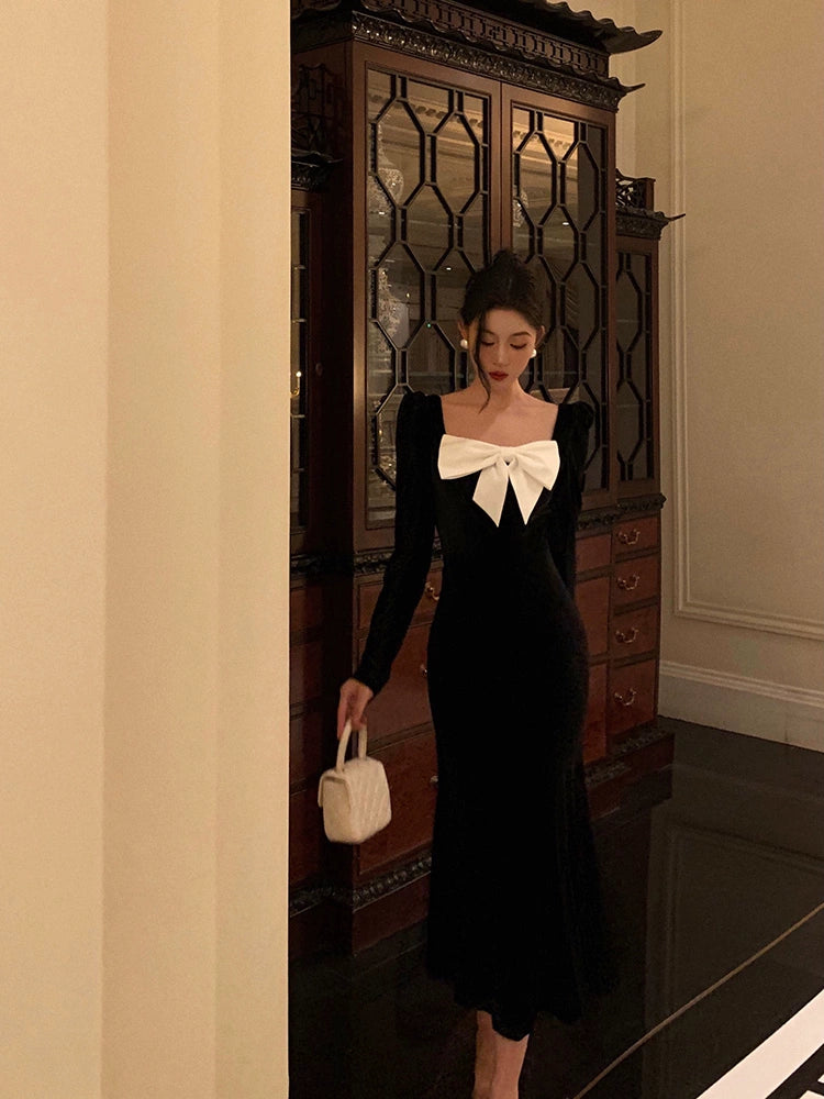 Bowknot velvet dress for women new style long party dress S5555