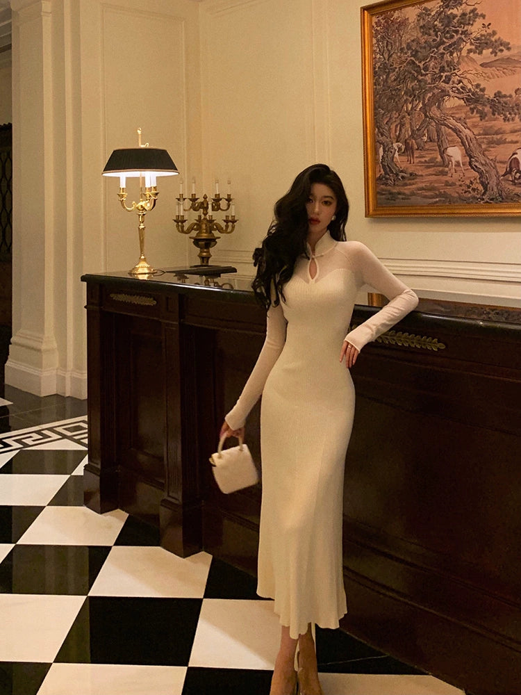 long-sleeved knitted dress for women evening dress S5504