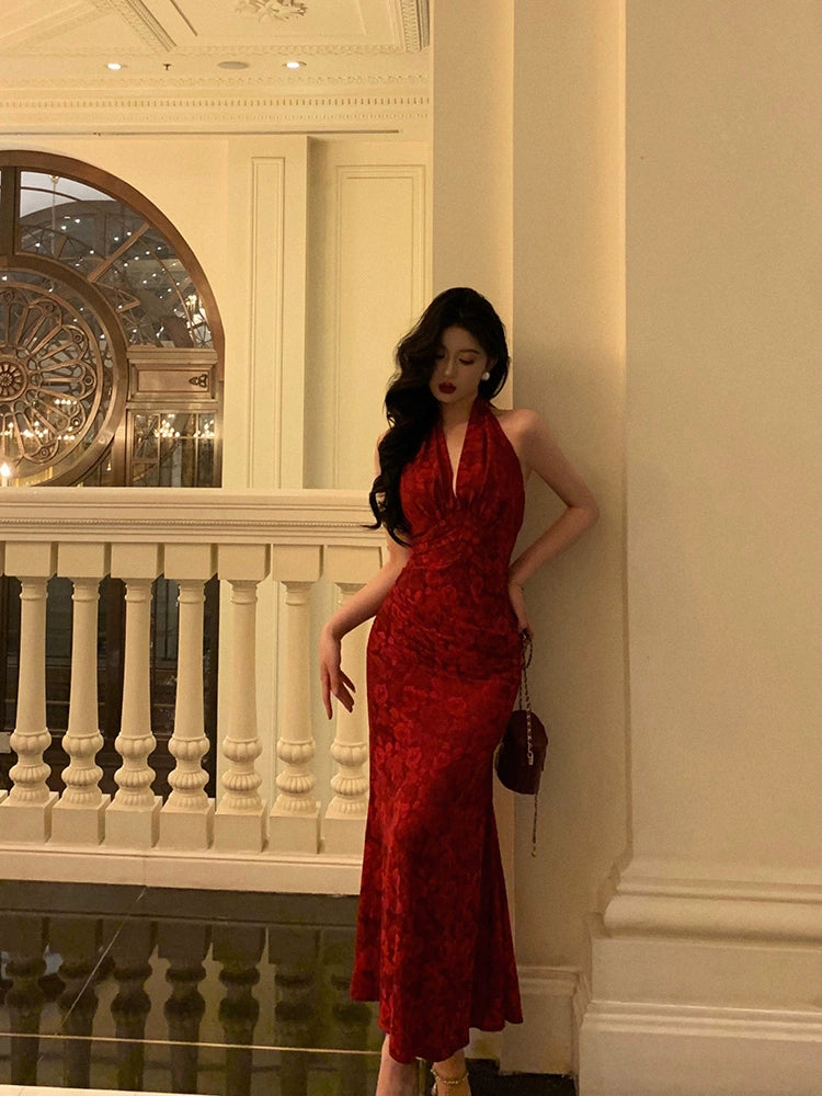 Red printed halter neck dress party dress S5521