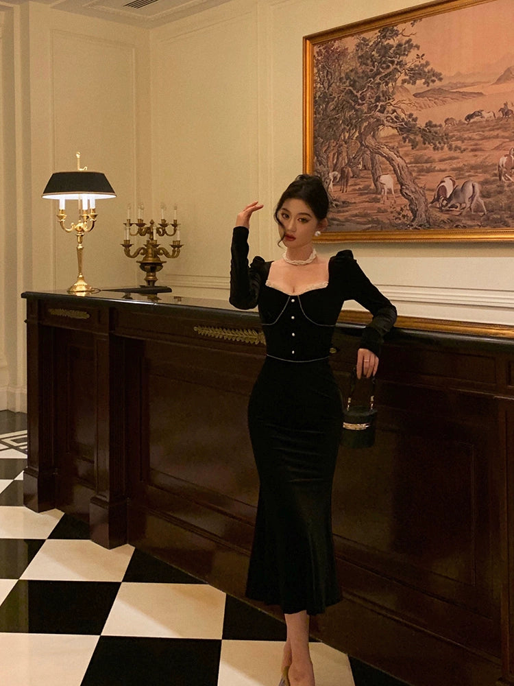 Retro velvet dress for women new style square neck mermaid party dress S5570