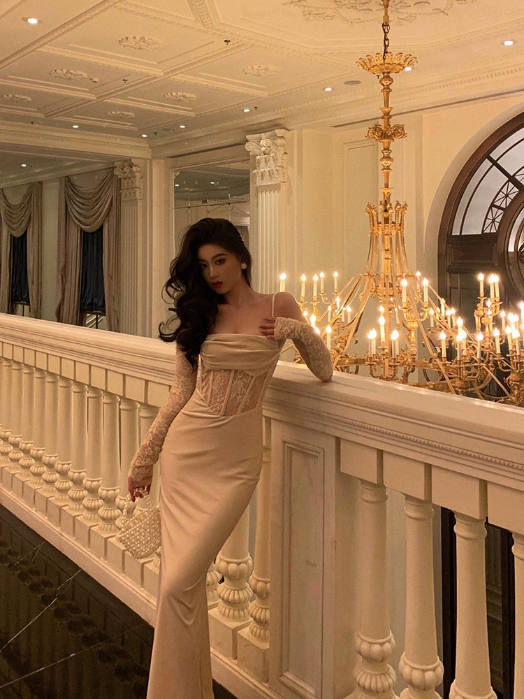 Banquet suspender dress new sexy lace splicing long party dress S5561