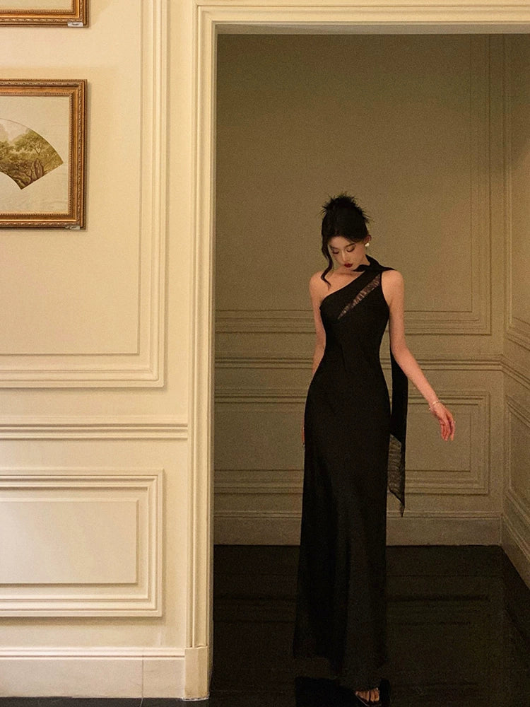 Black one-shoulder ribbon dress women evening party dress S5508