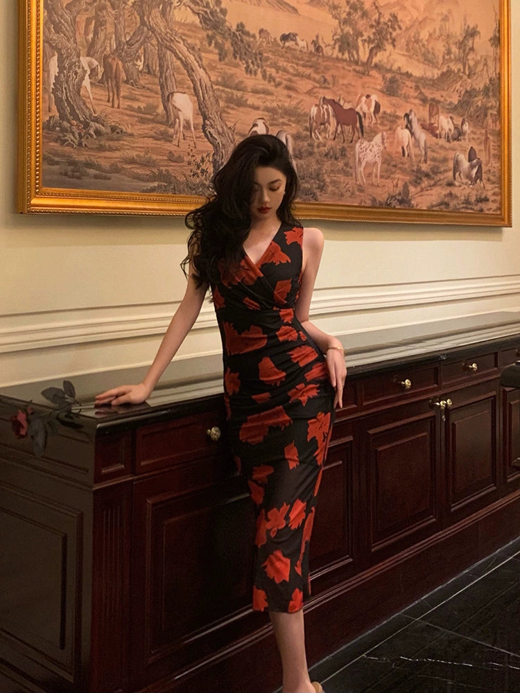 Retro sleeveless dress for women new elegant printed long dress S5581