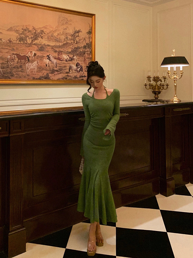 Halter neck knitted mermaid dress for women new style long dress S5535