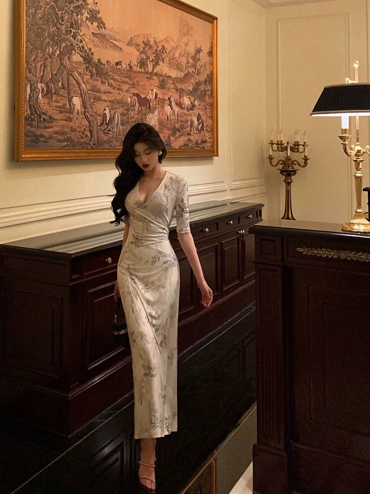 Gentle style V-neck printed dress for women evening dress S5502