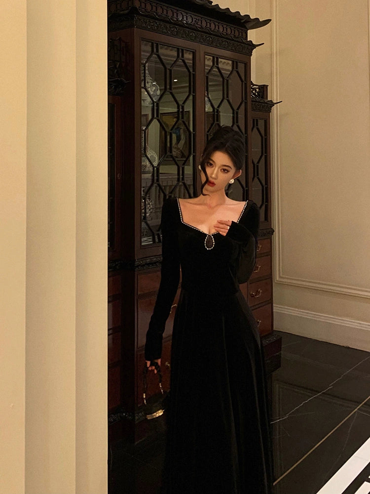 Black velvet dress for women A-line party dress S5546