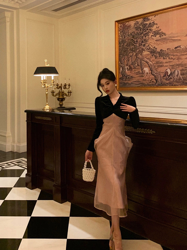 Mesh splicing velvet dress for women new style party dress S5588