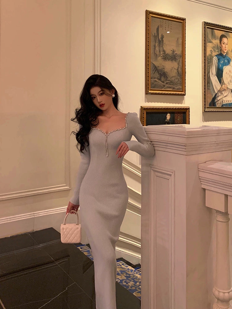 knitted dress long-sleeved sexy party dress S5514