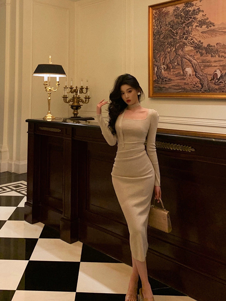 Square neck knitted dress for women new style party dress S5585