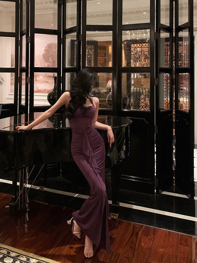 Purple halter neck suspender dress new sexy long party dress S5580