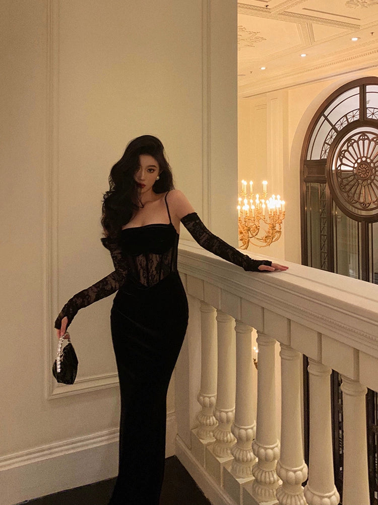 Banquet lace suspender dress new velvet long party dress S5560