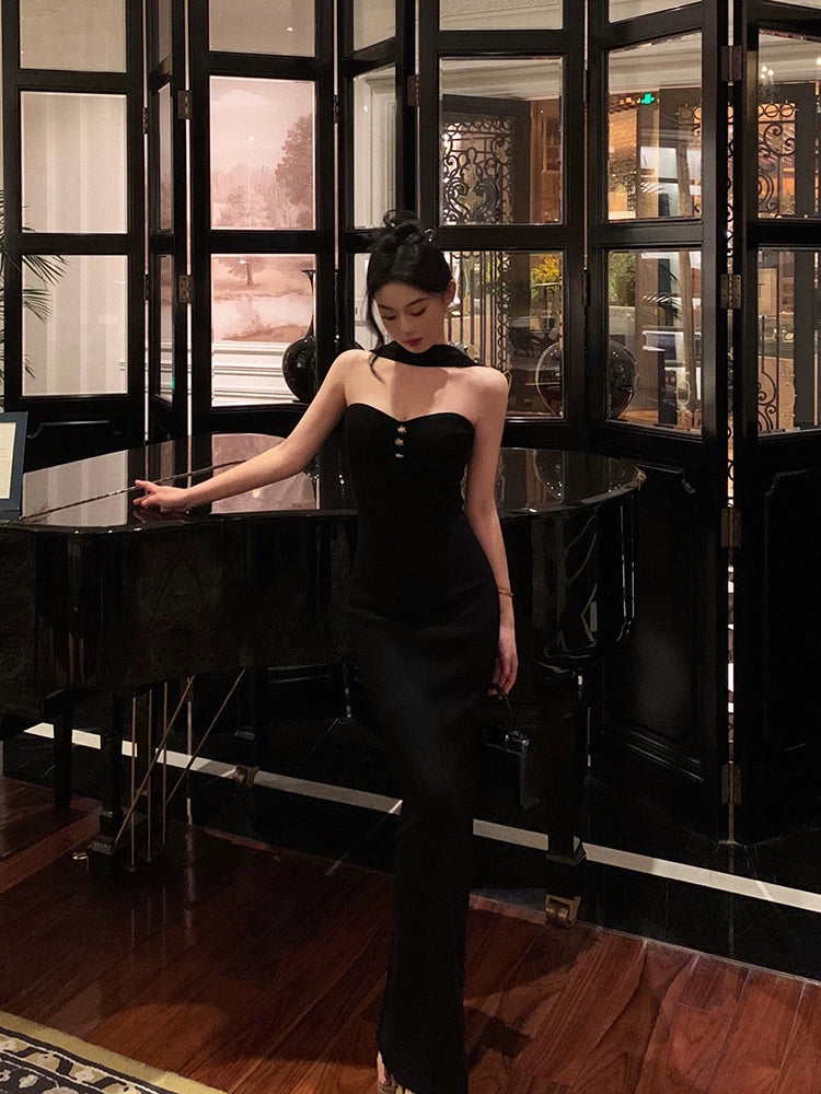 Black halter neck knitted dress, party dress S5520