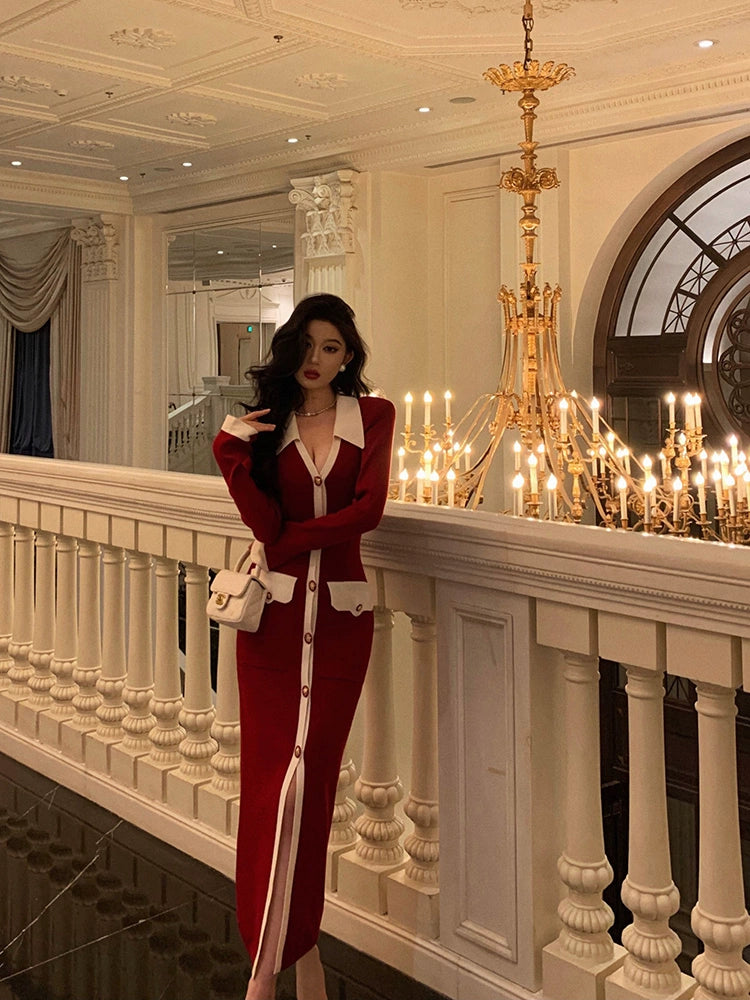 Red long knitted coat for women winter new cardigan S5530