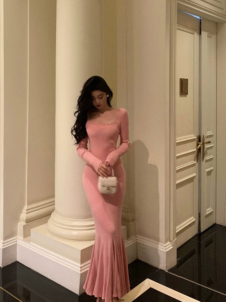 Pink knitted dress for women new style mermaid long party dress S5578