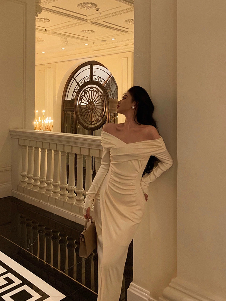Off the shoulder Long-sleeved dress pleated party dress S5539