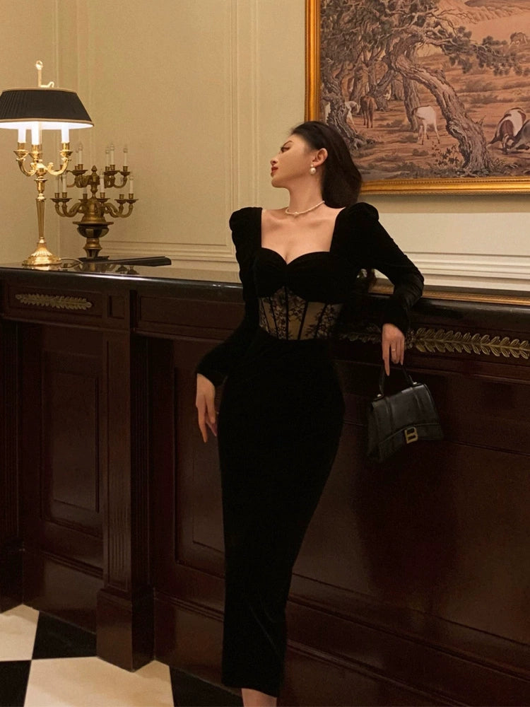 Sexy square neck velvet dress for women new style lace splicing black dress S5554