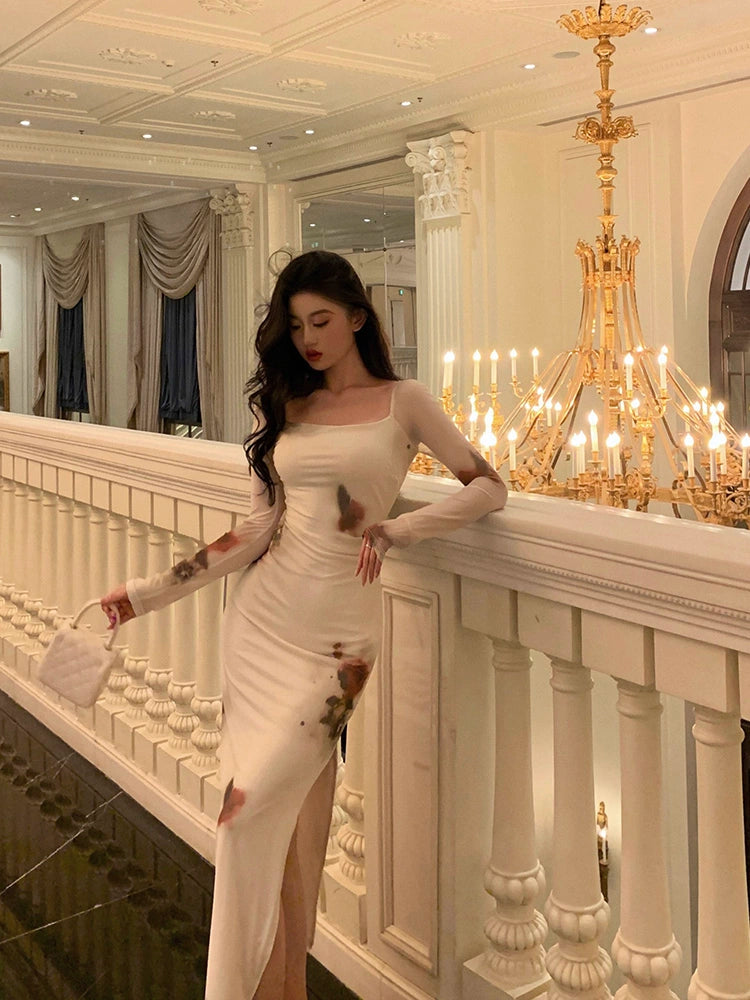 French long-sleeved floral dress for women new sexy square neck slit long dress S5531