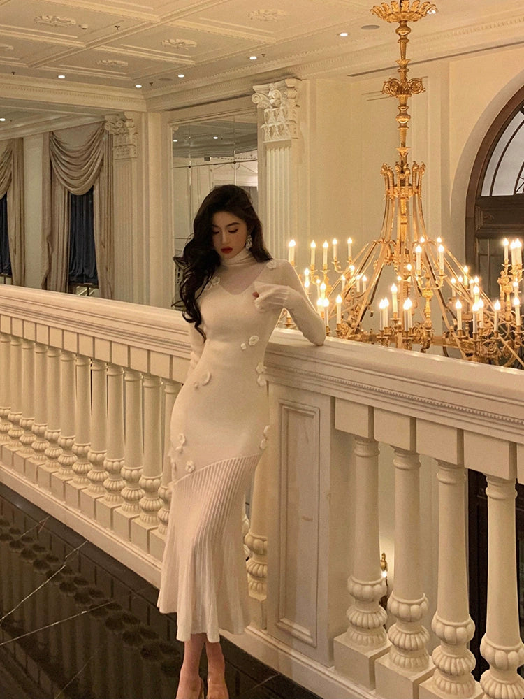 High neck white knitted dress for women handmade flowers party dress S5517