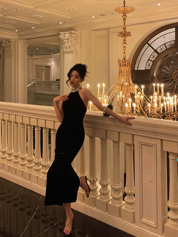 Diamond halter neck velvet dress women evening party dress S5506