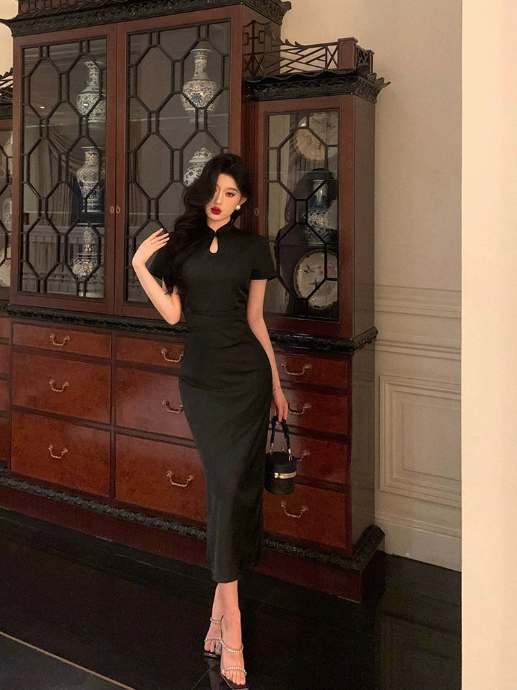 Black cheongsam dress for women new style jacquard satin party dress S5589